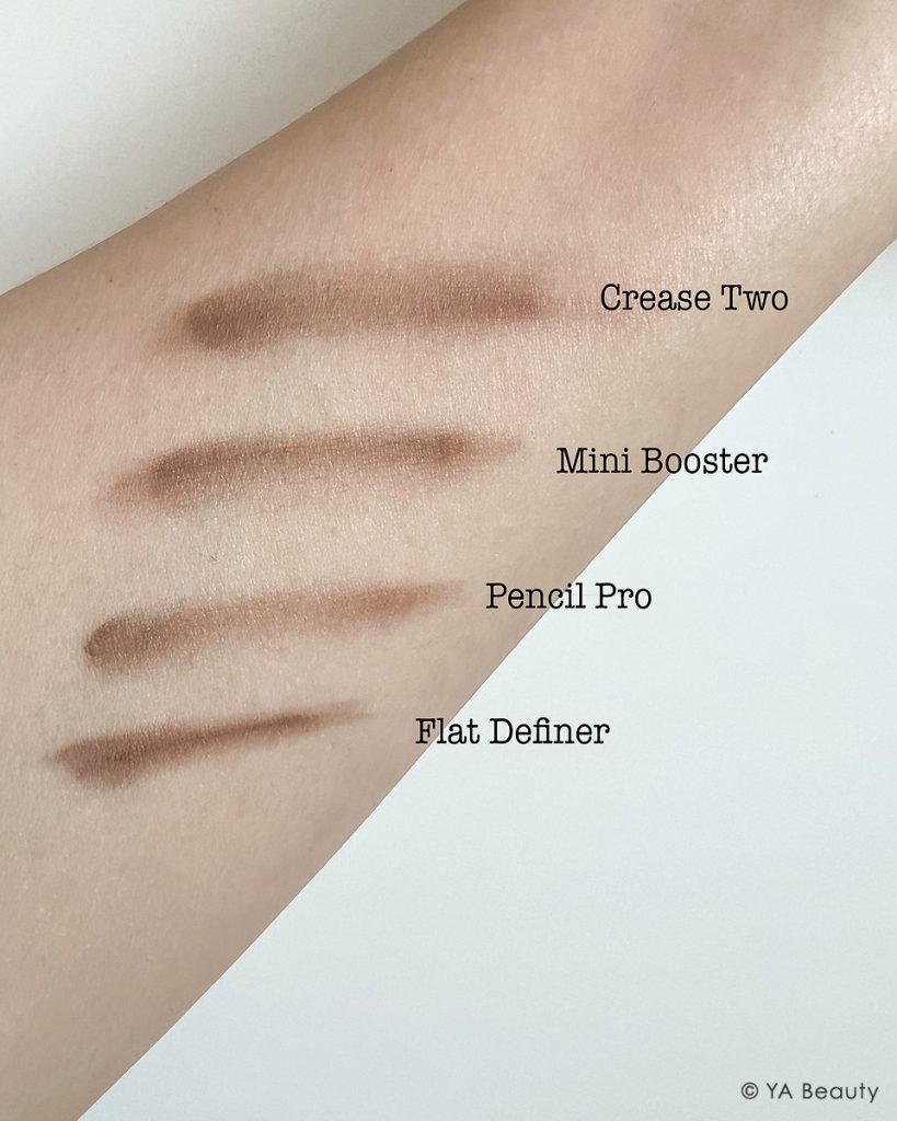 Sonia G eyeshadow makeup brushes swatch comparison between Crease Two, Mini Booster, Pencil Pro, and Flat Definer