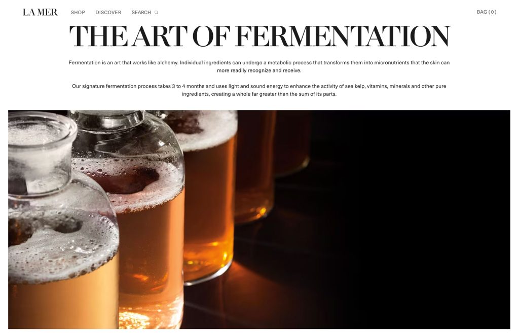 La Mer's website describing the making of its Miracle Broth—a process and the art of fermentation.